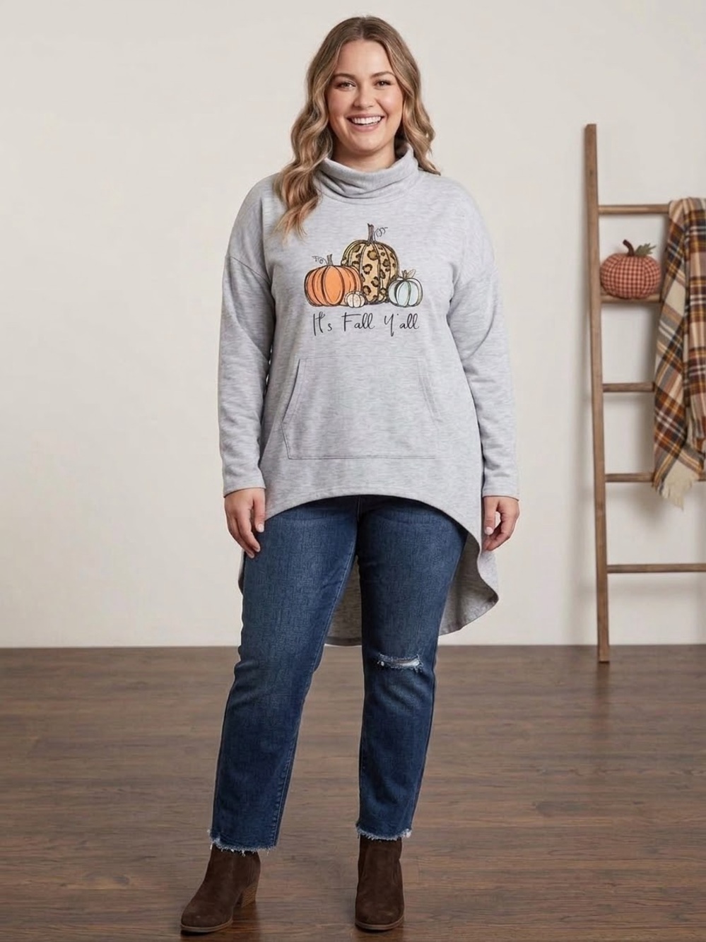 Cozy Gray 'It's Fall Y'all' Cowl Neck Sweater- Size Large